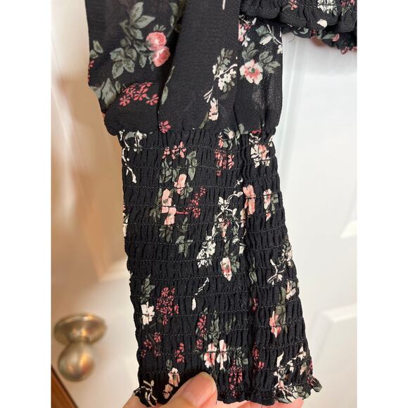 Reformation NEW Pinto Black Pink Floral Print Smocked Shirt‎ Small - Picture 3 of 12